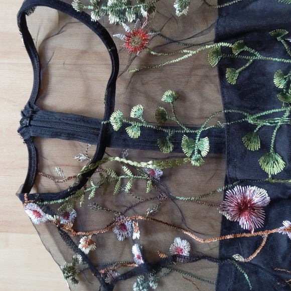 NEW Embroidered Mini Dress, S, black floral, mesh, lined, zip up, formal, sheer - Picture 5 of 16
